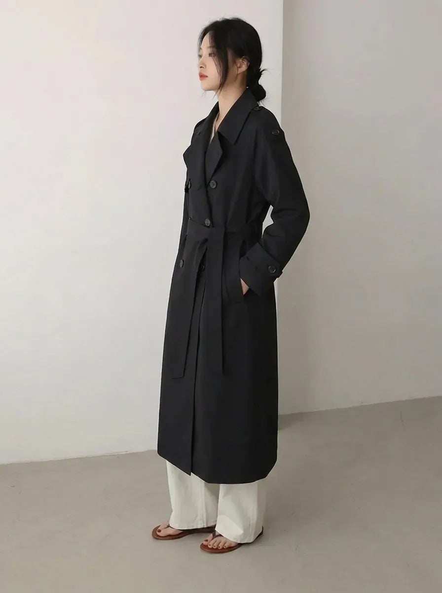 Eleganter Damen Trenchcoat Lang Zweireihig mit Gürtel Schwarz