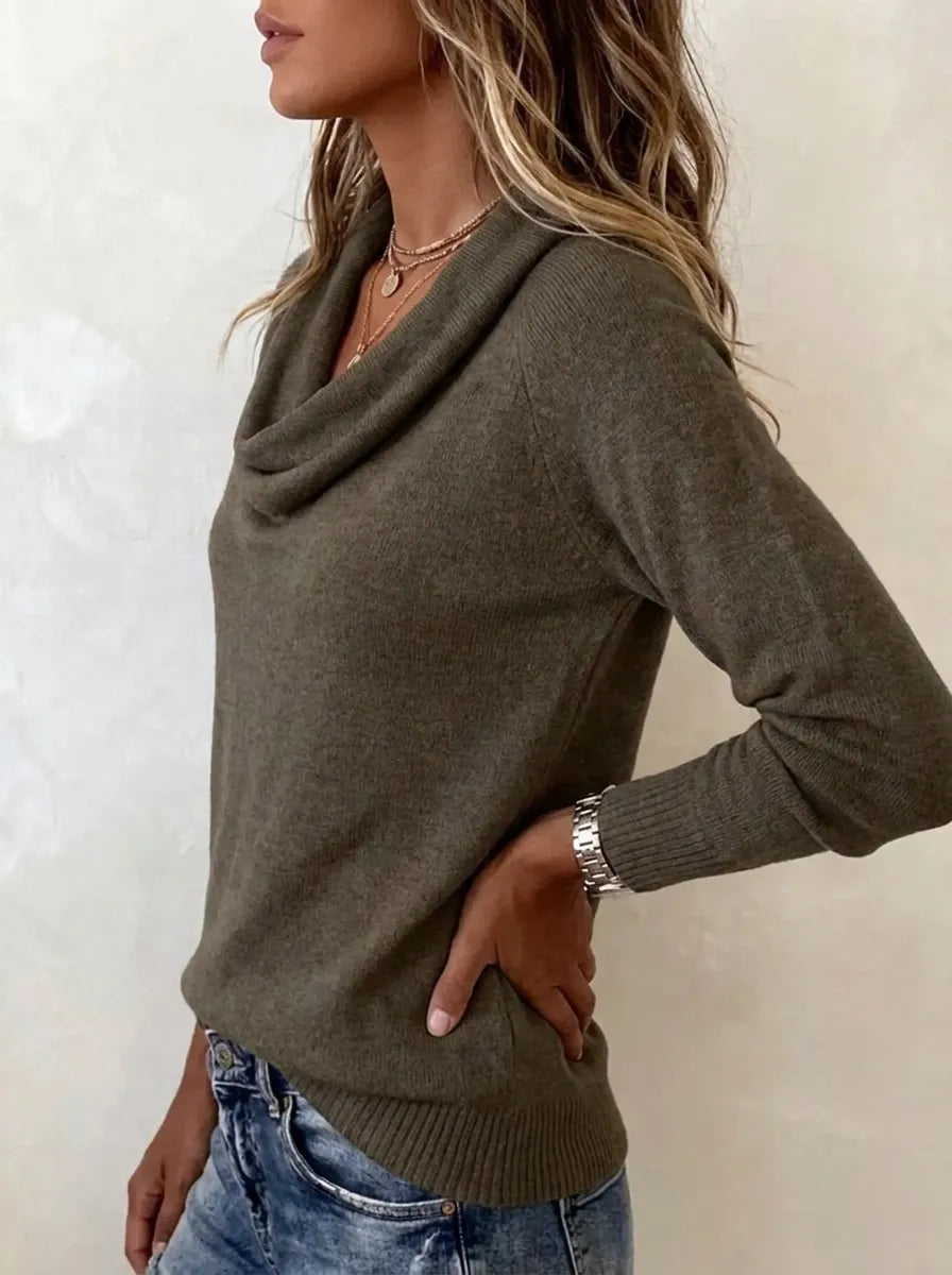 Damen Langarm-Pullover mit Wasserfallausschnitt in verschiedenen Farben
