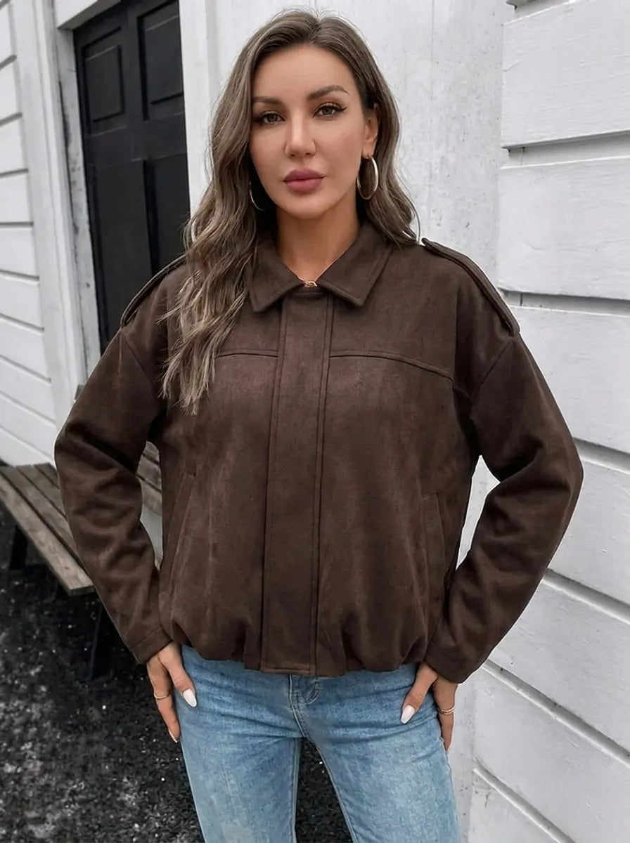 Damen Kurzjacke im Bomber-Stil mit Kragen und Schulterriegeln