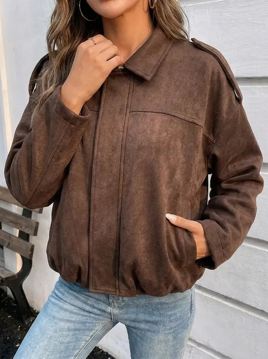 Damen Kurzjacke im Bomber-Stil mit Kragen und Schulterriegeln