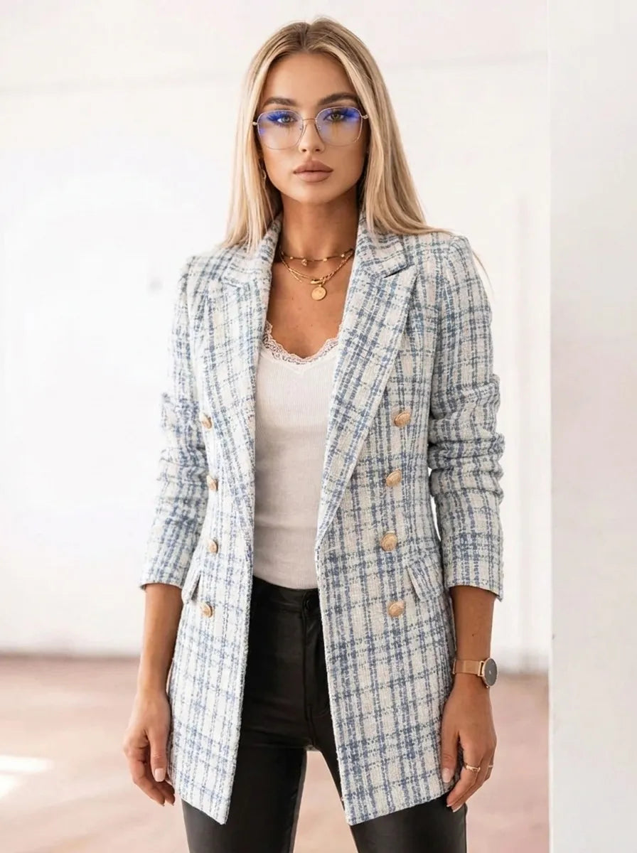 Damen Blazer Kariert Zweireiher Doppelreihig Knopfleiste