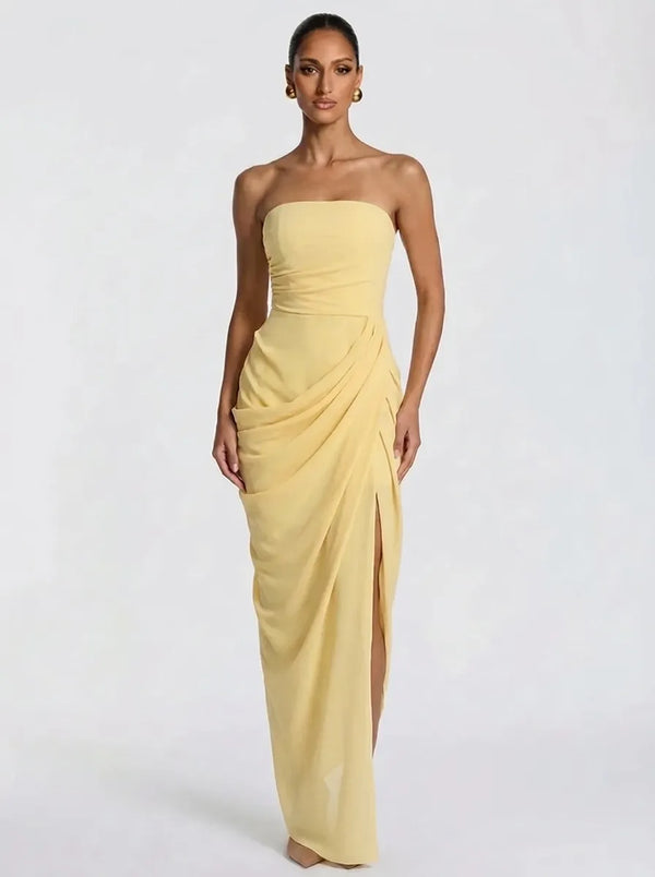 Damen Trägerloses Abendkleid Maxikleid mit Beinschlitz gerafft
