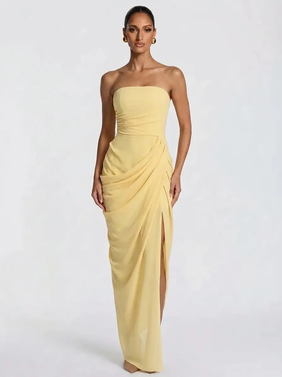 Dames strapless avondjurk, maxi-jurk met gerimpelde details en split