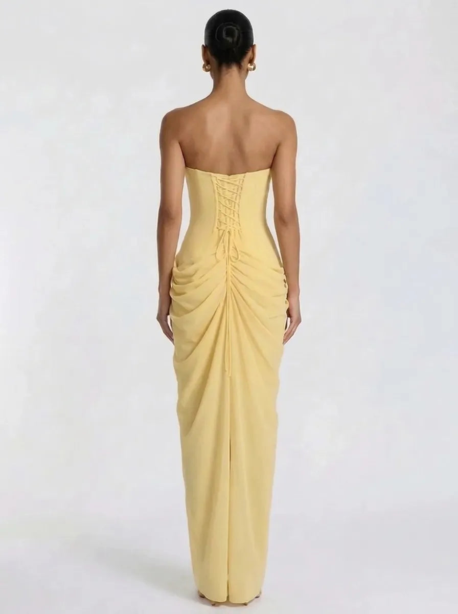 Dames strapless avondjurk, maxi-jurk met gerimpelde details en split