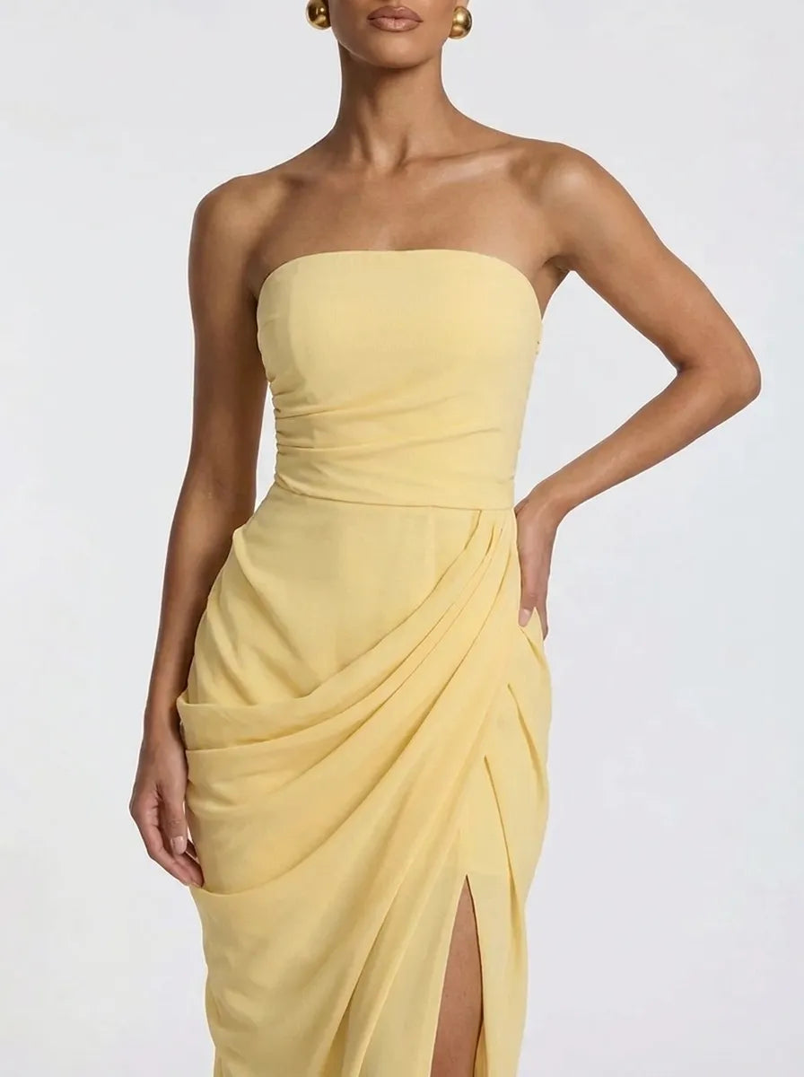 Dames strapless avondjurk, maxi-jurk met gerimpelde details en split