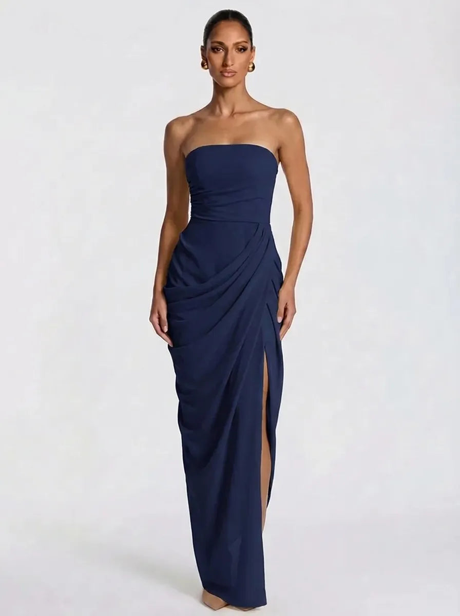 Dames strapless avondjurk, maxi-jurk met gerimpelde details en split