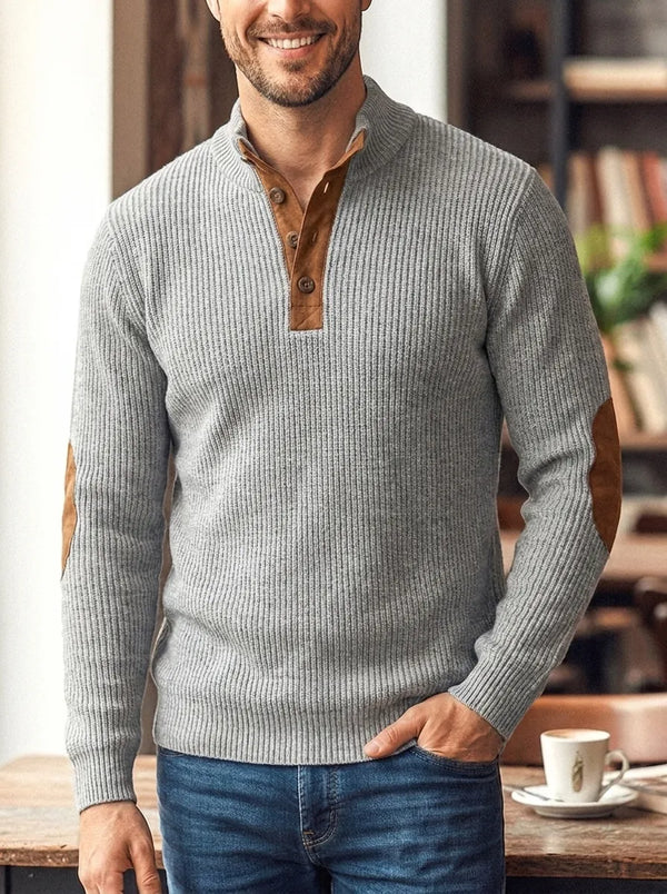 Herren Gerippter Strickpullover mit Stehkragen und Ellbogen-Patches Grau