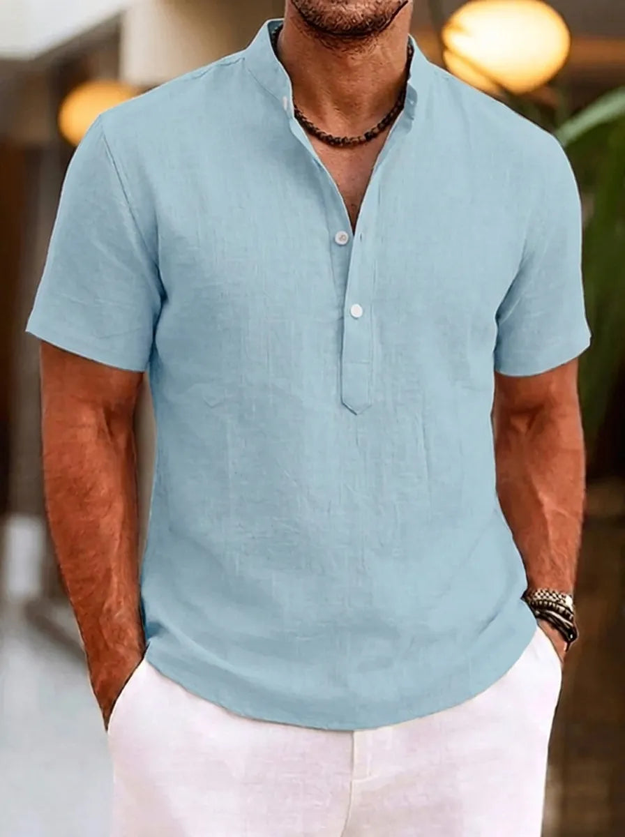 Heren Henley-shirt met korte mouwen, opstaande kraag en knoopsluiting, casual shirt