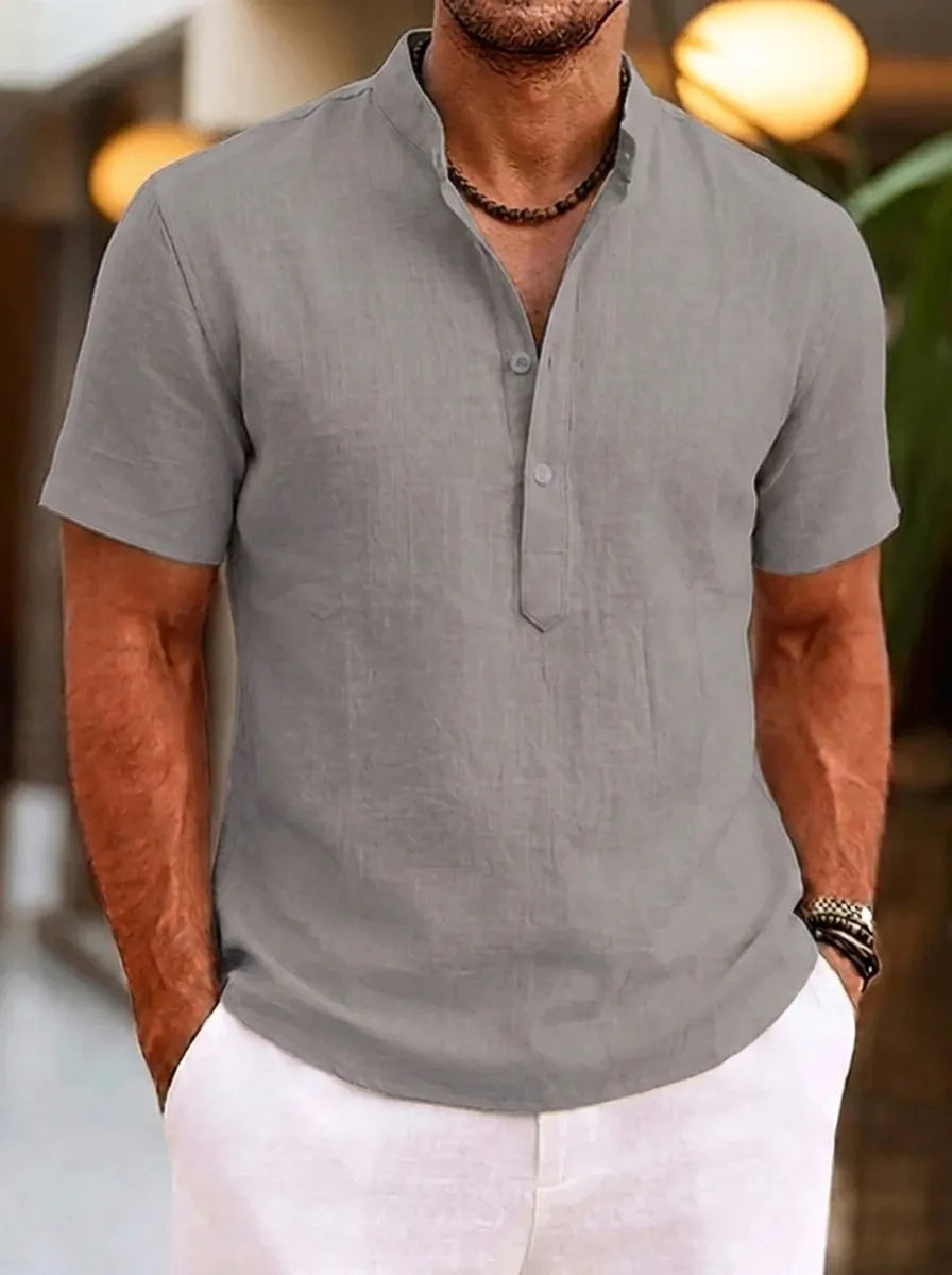 Heren Henley-shirt met korte mouwen, opstaande kraag en knoopsluiting, casual shirt