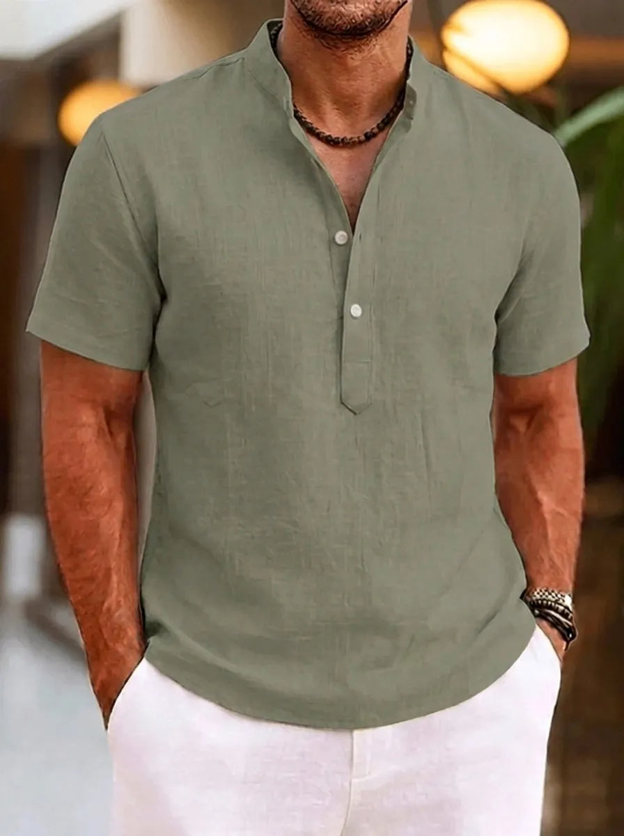 Heren Henley-shirt met korte mouwen, opstaande kraag en knoopsluiting, casual shirt