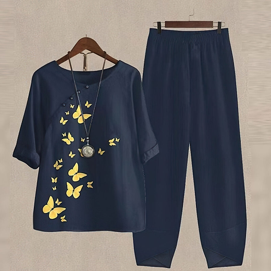 Damen 2-teiliges Set Bluse mit Print & weite Hosen