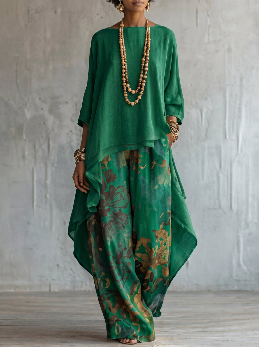 Damespak uit 2 delen: tuniek met asymmetrische zoom & wijde broek met bloemenpatroon
