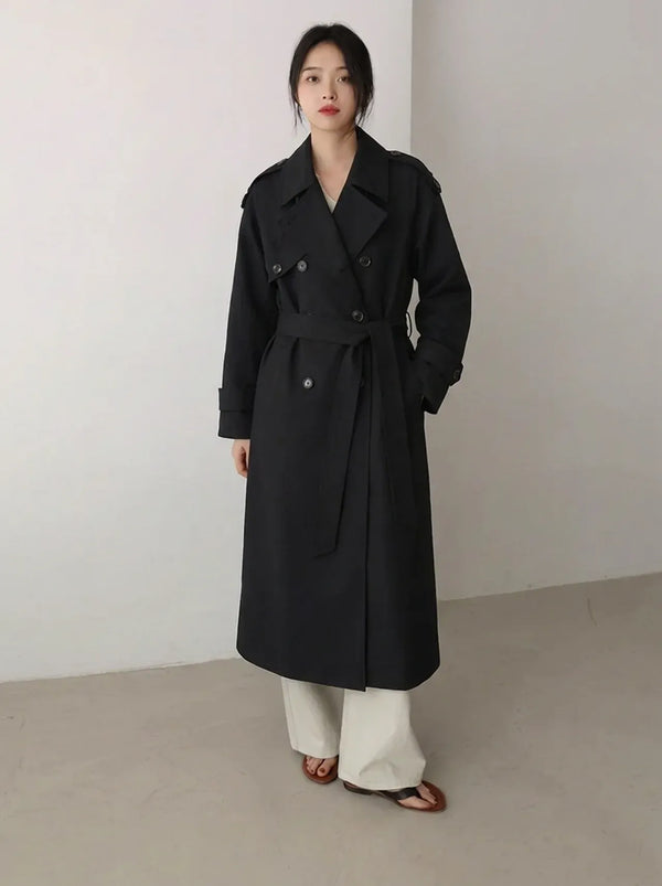 Elegante lange damestrenchcoat, double-breasted, met riem, zwart