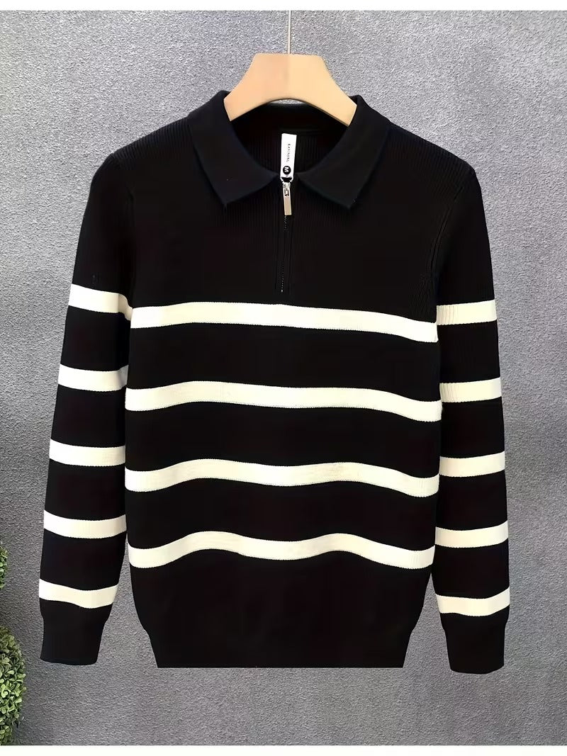 Unisex Langarm-Poloshirt mit Reißverschluss und Streifenmuster