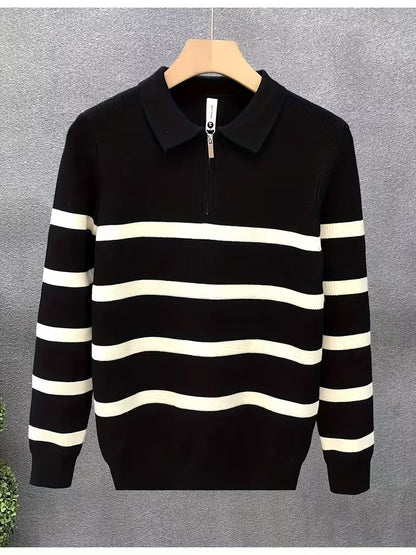 Unisex Langarm-Poloshirt mit Reißverschluss und Streifenmuster