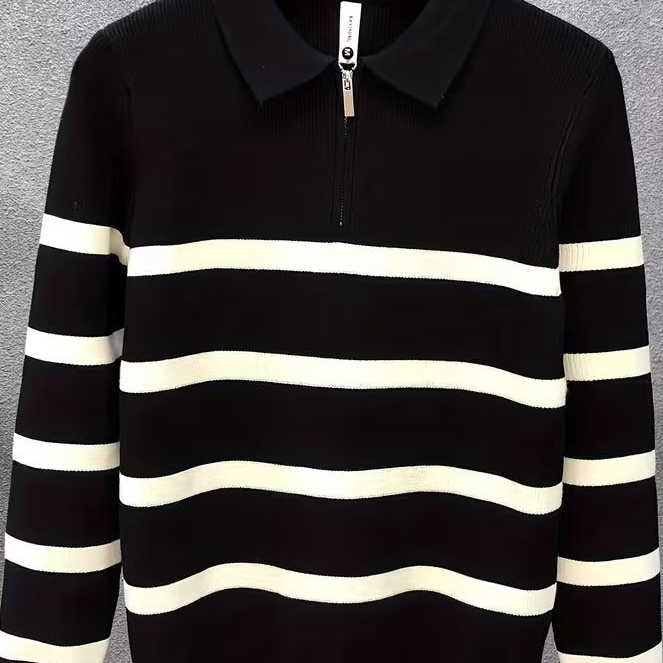 Unisex Langarm-Poloshirt mit Reißverschluss und Streifenmuster