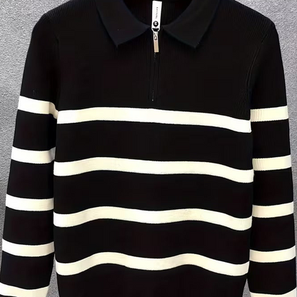 Unisex Langarm-Poloshirt mit Reißverschluss und Streifenmuster