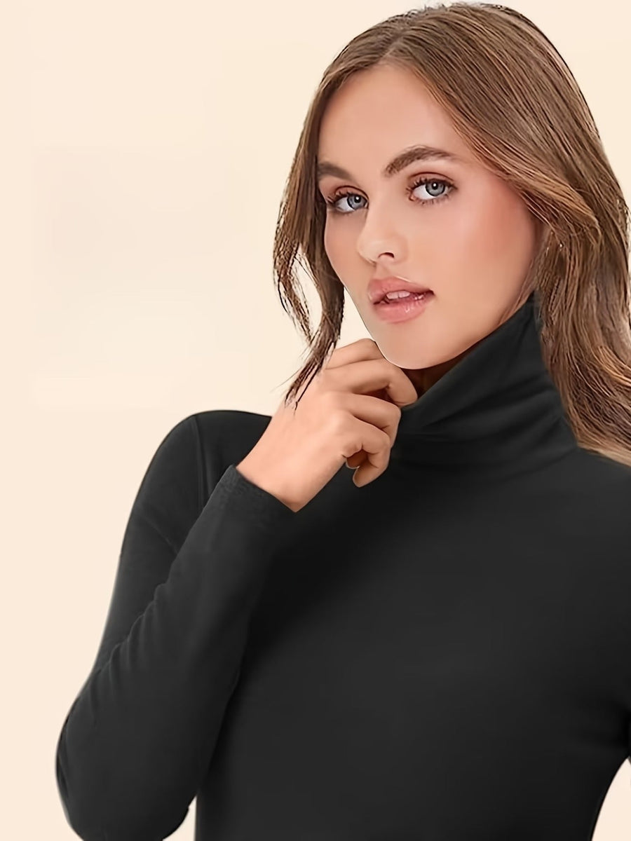 Damen Rollkragen Langarmshirt Eng Anliegend Einfarbig Basic Top