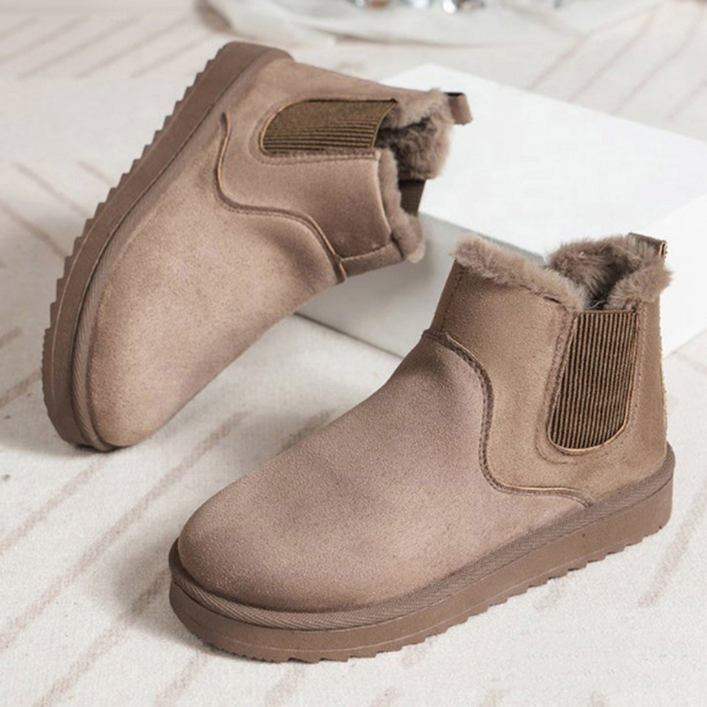 Chelsea Boots Damen gefüttert Winter Stiefeletten warm Plüschimitat Grau