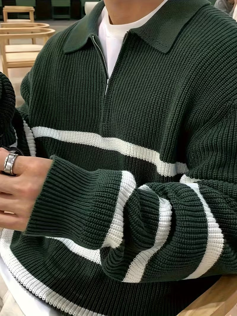 Unisex Langarm-Poloshirt mit Reißverschluss und Streifenmuster