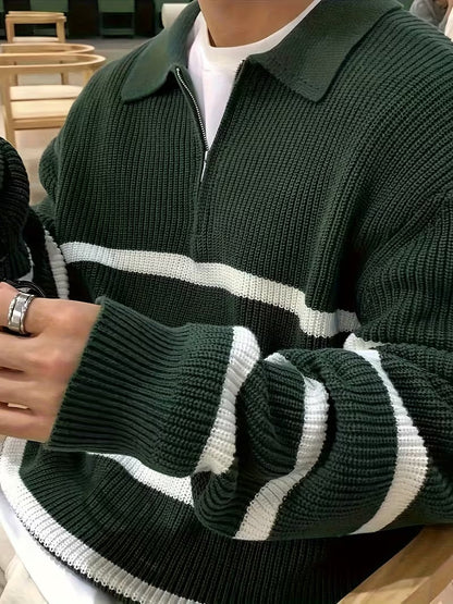 Unisex Langarm-Poloshirt mit Reißverschluss und Streifenmuster