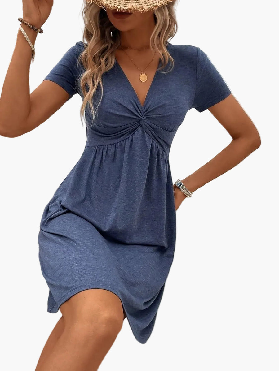 Damen Sommerkleid mit V-Ausschnitt und Twist-Detail – Eleganter Freizeitstil für Urlaub und Alltag