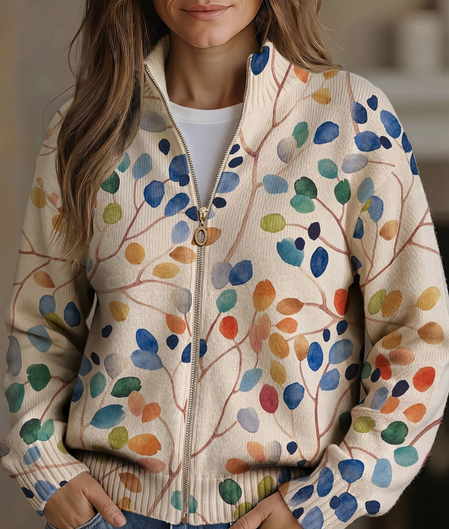 Cardigan Damen Strickjacke mit Reißverschluss & Stehkragen, Mehrfarbiges Blättermuster
