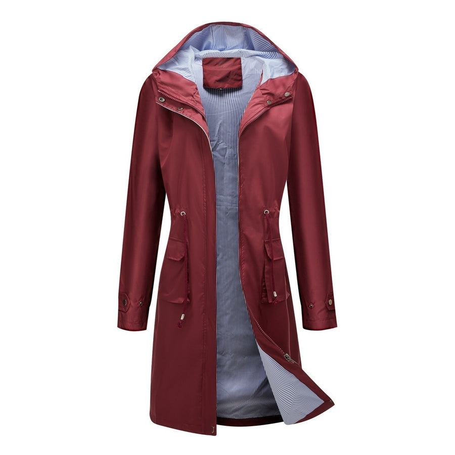 Damen Langer Regenmantel mit Kapuze Tunnelzug Freizeit Jacke