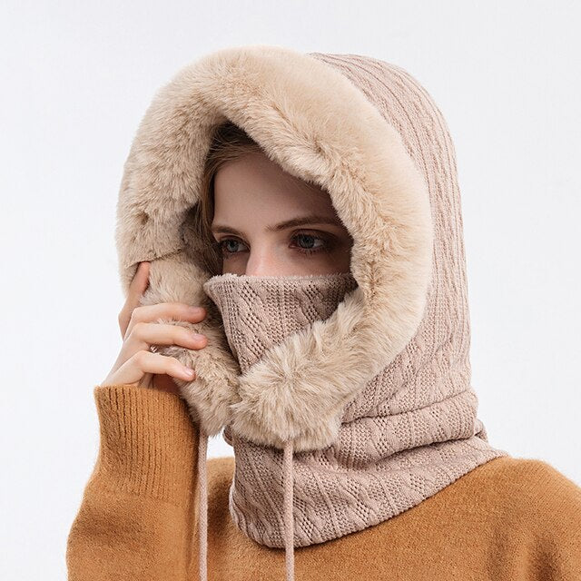Winter Balaclava Strickhaube mit Kunstpelz-Futter für Damen und Herren