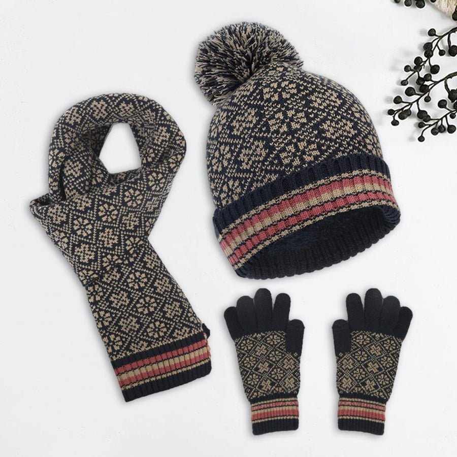 Winterset met muts, sjaal en handschoenen, met pompon en breimotief