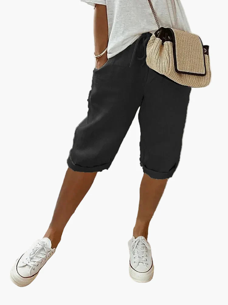 Damen Caprihose Leinen-Look mit Kordelzug & Umschlagbund