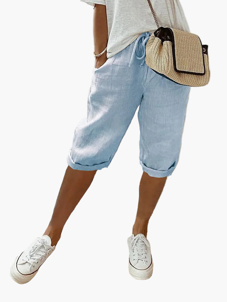 Damen Caprihose Leinen-Look mit Kordelzug & Umschlagbund