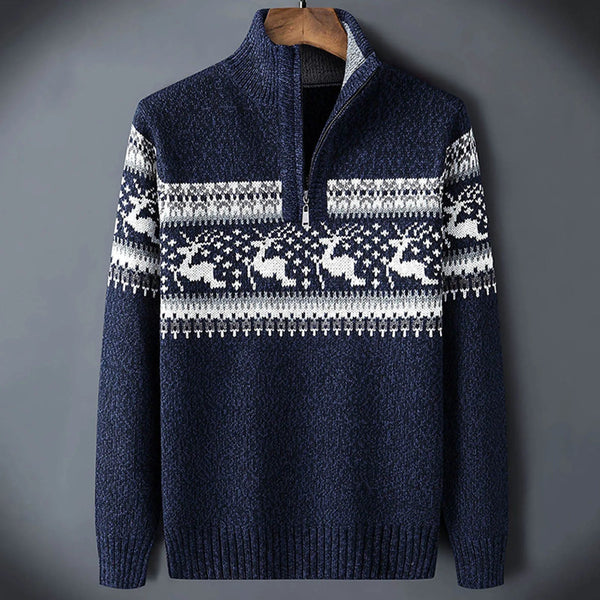 Herren Strickpullover Norweger Muster Reißverschluss Stehkragen