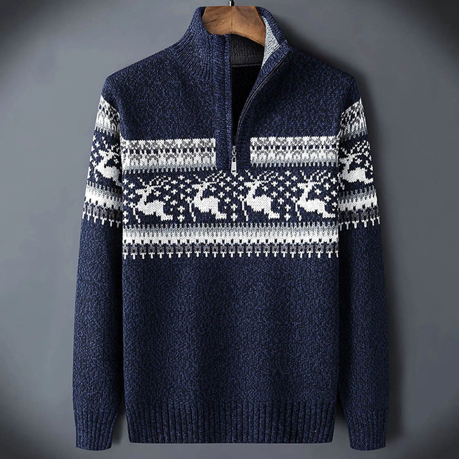 Herren Strickpullover Norweger Muster Reißverschluss Stehkragen