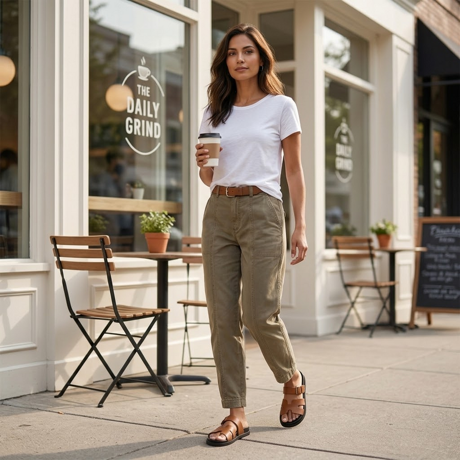 Damen Freizeithose mit sichtbaren Nähten und Gürtelschlaufen, Khaki oder Oliv