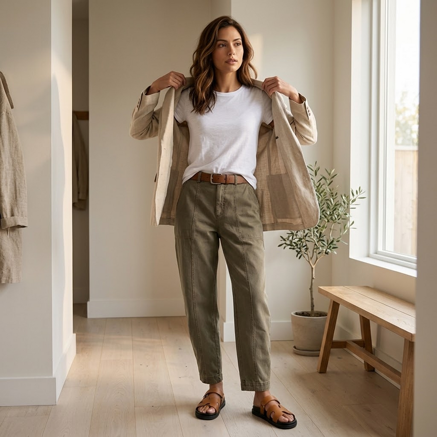 Damen Freizeithose mit sichtbaren Nähten und Gürtelschlaufen, Khaki oder Oliv