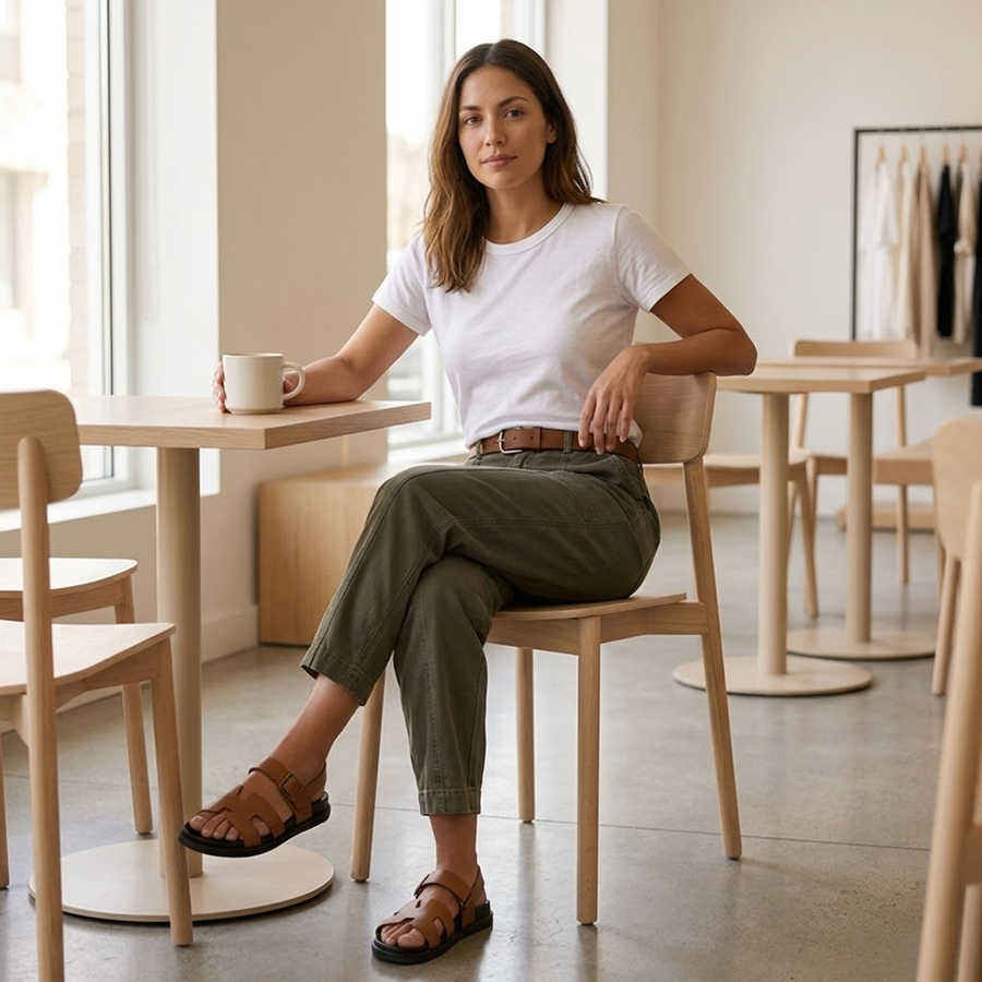 Damen Freizeithose mit sichtbaren Nähten und Gürtelschlaufen, Khaki oder Oliv