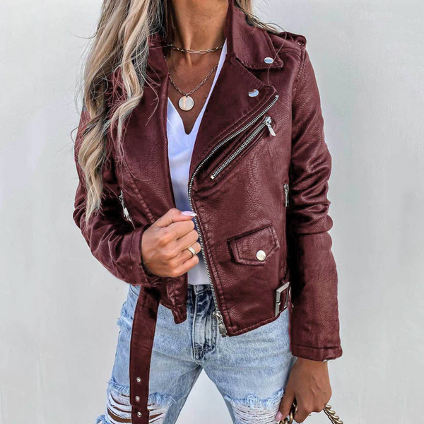 Damen Bikerjacke aus Kunstleder mit Reißverschluss und Gürtel