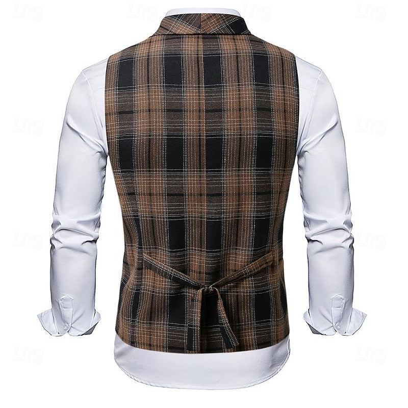 Herren Karierte Weste Doppelt Knopfleiste V-Ausschnitt Slim Fit