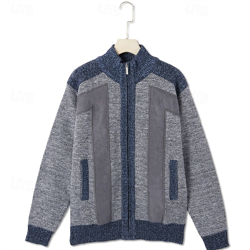 Herren Strickjacke Reißverschluss Stehkragen mit Kontrast-Einsätzen