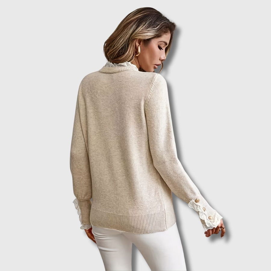 Damen Pullover Beige Feinstrick mit Rüschenkragen & Knopfdetails