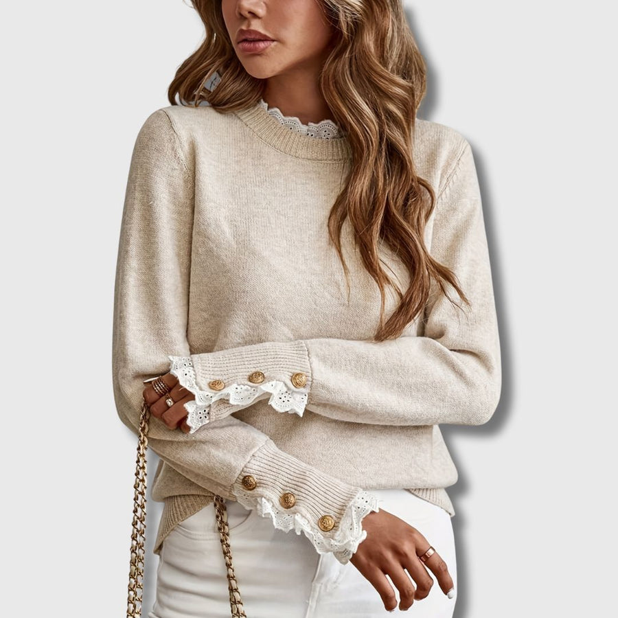Damen Pullover Beige Feinstrick mit Rüschenkragen & Knopfdetails