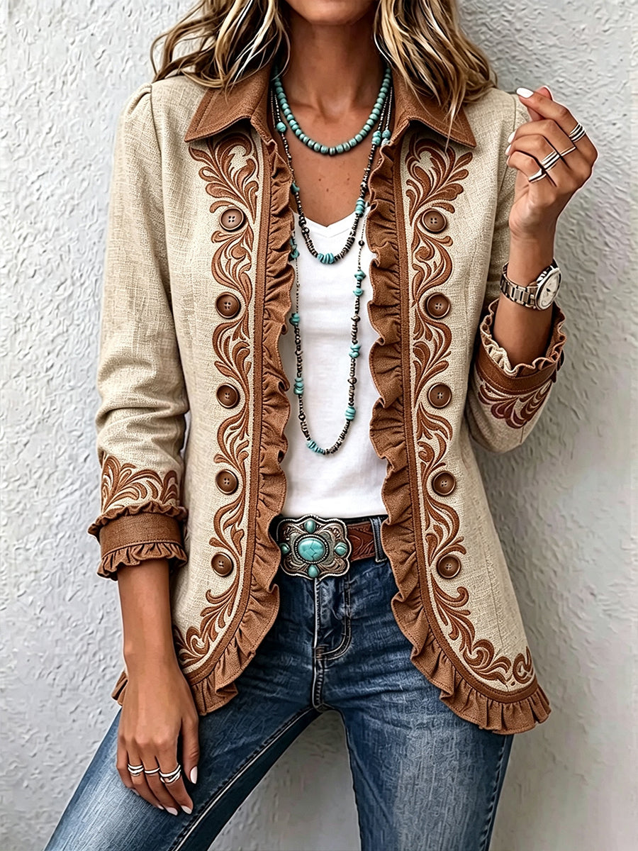 Damesjack met ruches in beige en bruin, geborduurd, lange mouwen en knopen