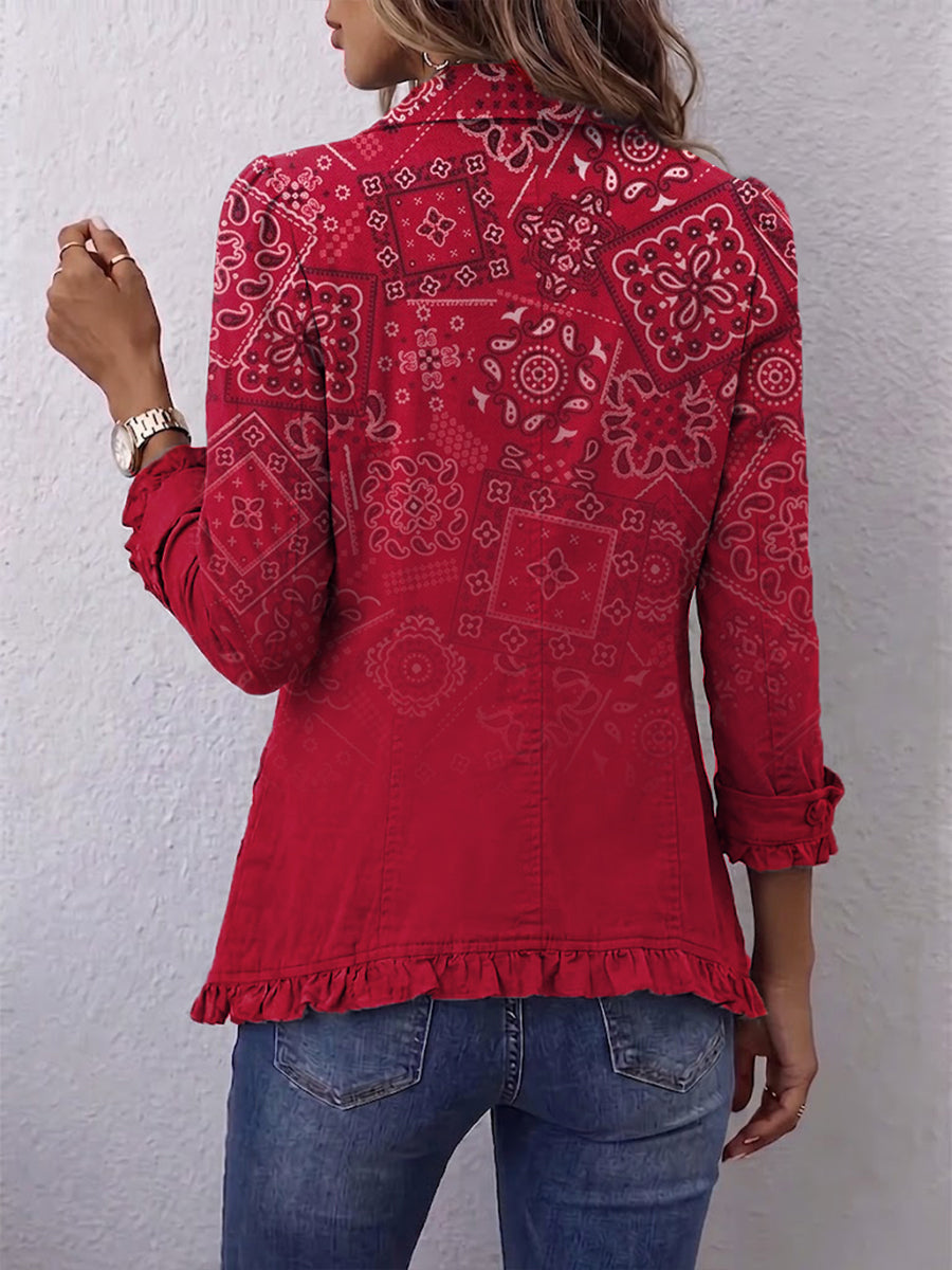 Damen Jacke mit Rüschen und Paisley-Muster Rot