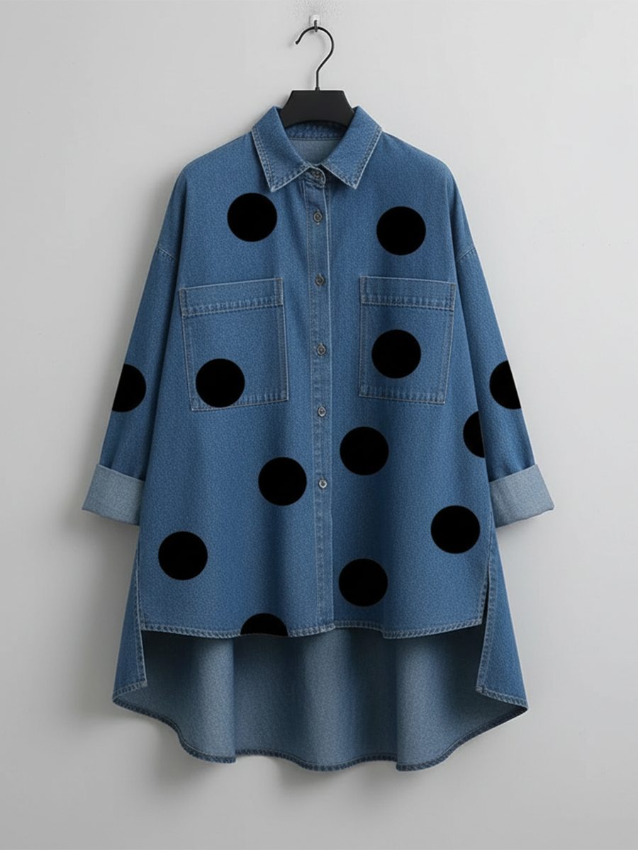 Oversized Hemdbluse mit Polka Dots Stehkragen und Taschen