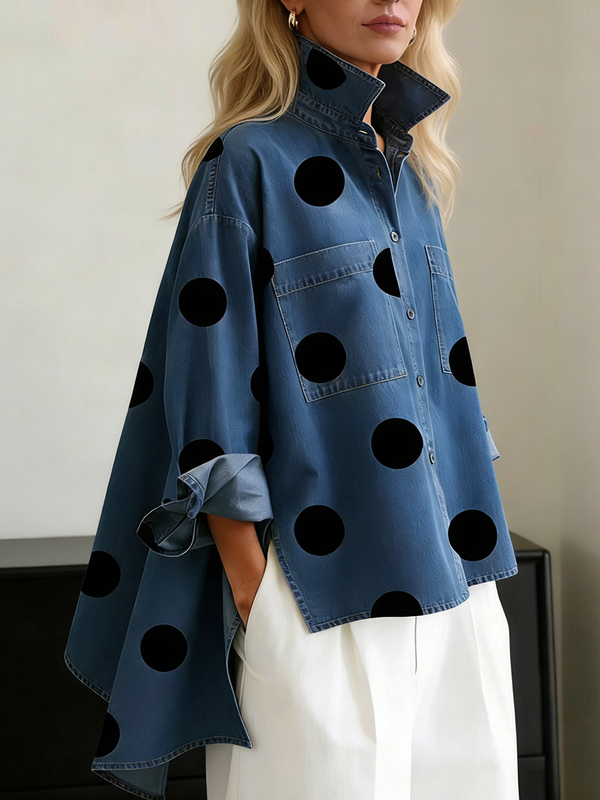 Oversized Hemdbluse mit Polka Dots Stehkragen und Taschen