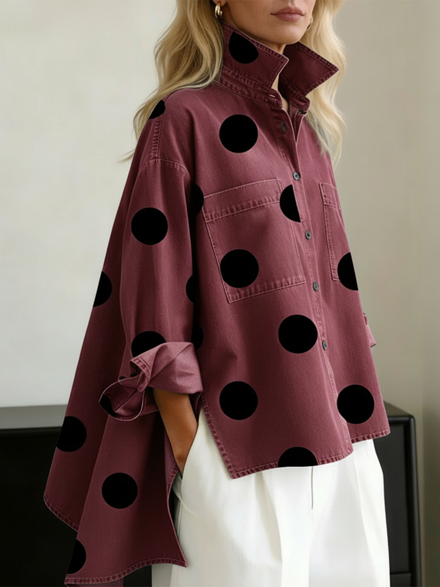 Oversized Hemdbluse mit Polka Dots Stehkragen und Taschen