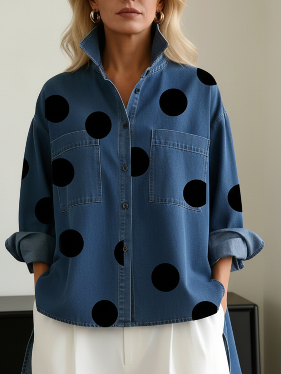 Oversized Hemdbluse mit Polka Dots Stehkragen und Taschen