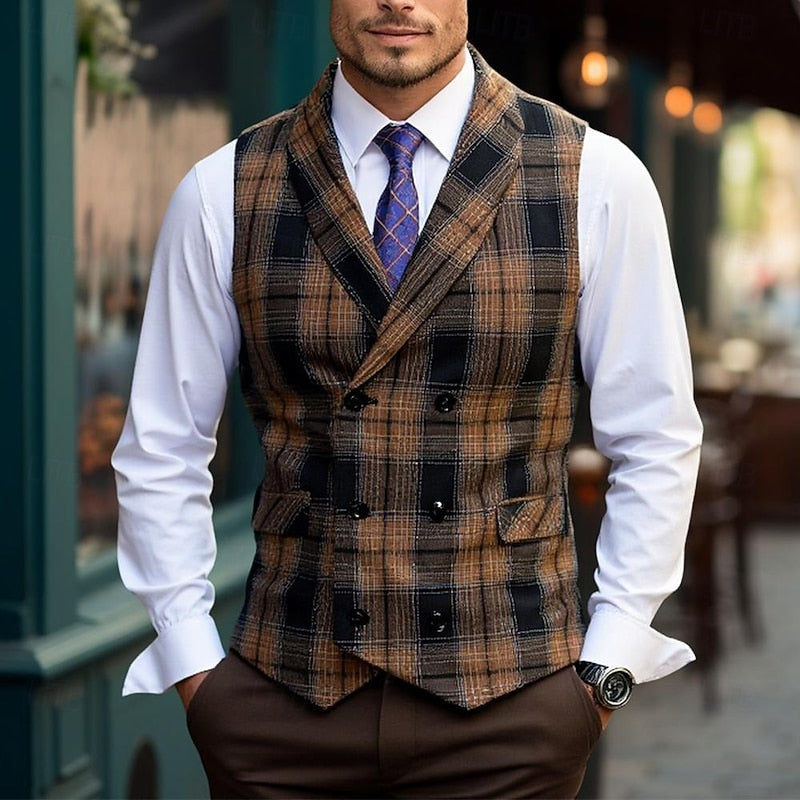 Herren Karierte Weste Doppelt Knopfleiste V-Ausschnitt Slim Fit