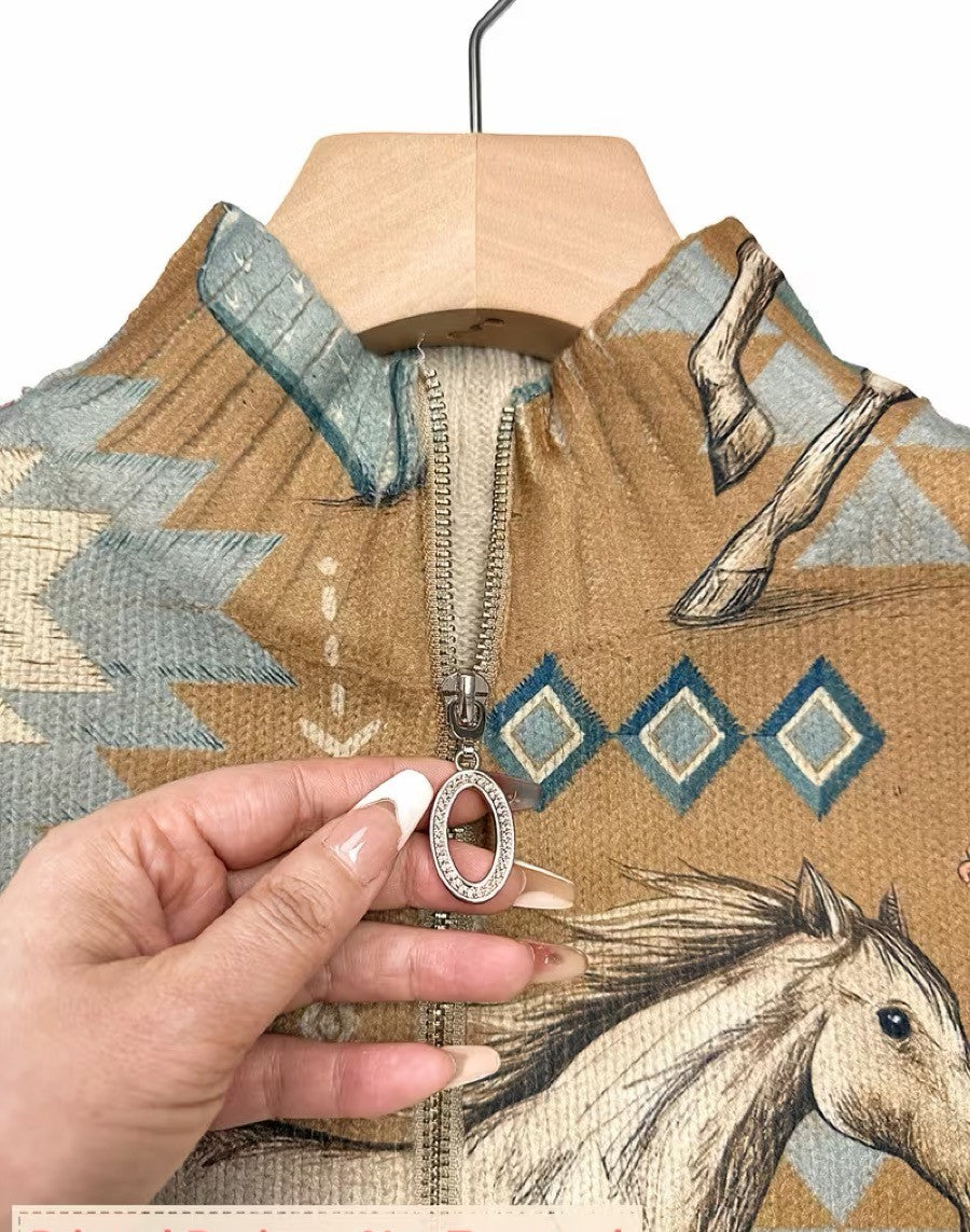 Damen Bomberjacke mit Pferde- & Kaktus-Print, Reißverschluss